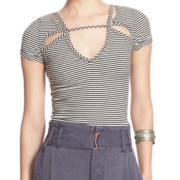 Free People Frenchie Cutout Ribbed Top Tan & Blue - Picture 2 of 8